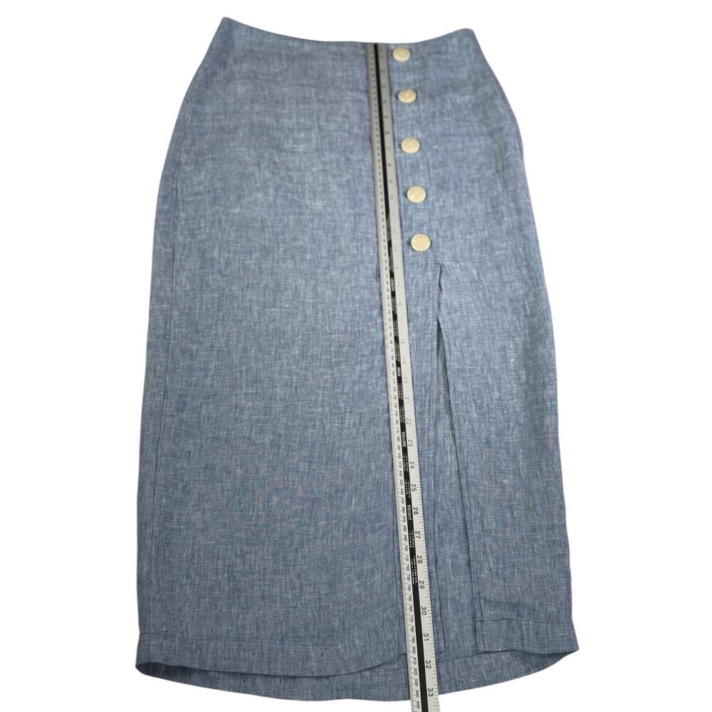 LOFT Linen Midi Skirt Size 2 Blue Botton Front Slit Summer Coastal Minimalist - Picture 6 of 12
